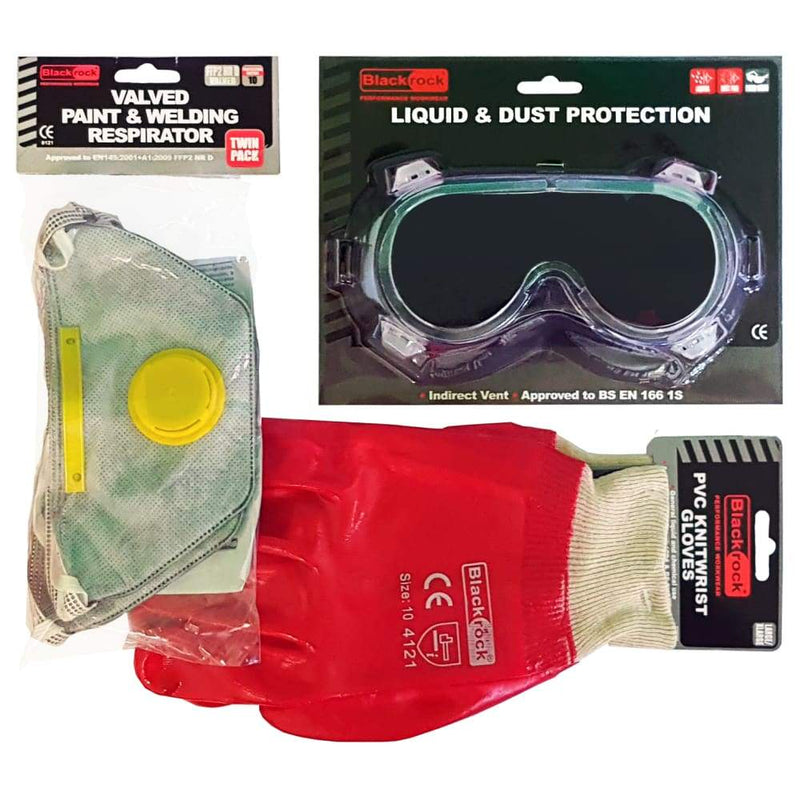 Blackrock - Safety Wear Pack - 2 x Valved Resprators, 1 x PVC Goggles and 1 x PVC Gloves - PremiumPaints